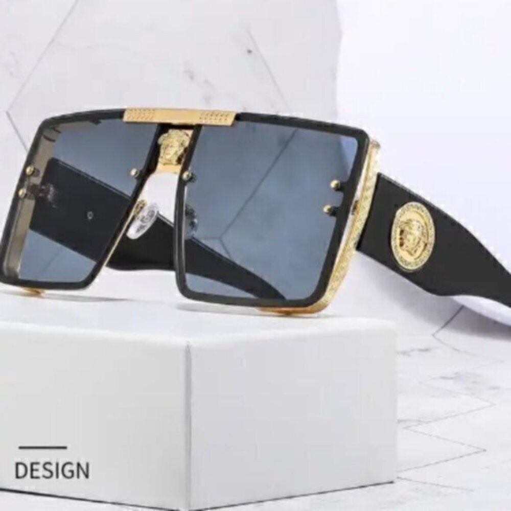 Black Sports Sunglasses Rivet Metal Frame Large Square Gold Frame